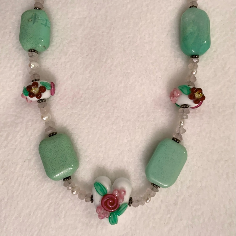 Green Gemstone and Glass Heart Beaded Handmade 17” Necklace - Picture 3 of 4